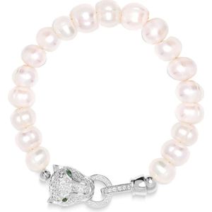 Nialaya, Accessoires, Dames, Wit, M, Women's Pearl Bracelet with Silver Panther Head