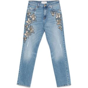 Ermanno Scervino, Jeans, Dames, Blauw, S, Katoen, Heldere Blauwe Bloemen Slim Fit Jeans