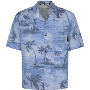 Palm Angels, Overhemden, Heren, Blauw, S, Katoen, Indigo Blue Sunset Bowling Shirt