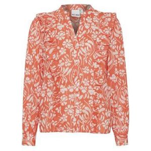 Ichi, Hot Coral Flower Print Shirt/Blouse Oranje, Dames, Maat:M
