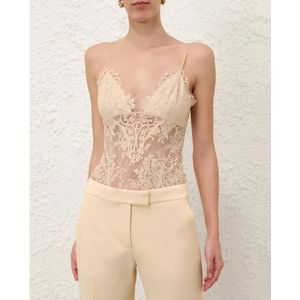 Zimmermann, Tops, Dames, Beige, M, Organza, Crème Kant V-hals Body Illustration