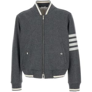 Thom Browne, Grijze Gebreide Rib Blouson Jas Grijs, Heren, Maat:L