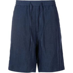 Emporio Armani, Korte broeken, Heren, Blauw, S, Linnen, Blauwe Linnen Trekkoord Bermuda Shorts