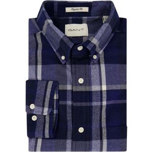 Gant, Overhemden, Heren, Blauw, XL, Katoen, Donkerblauw Geruite Borstzak Overhemd
