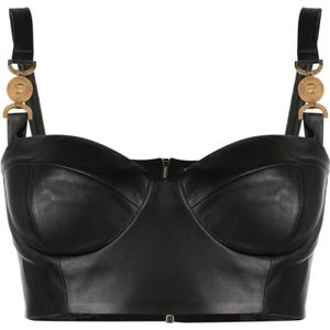 Versace, Zwarte Medusa Leren Bralette Zwart, Dames, Maat:S