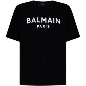 Balmain, Tops, Heren, Zwart, L, Katoen, Zwarte Rib T-shirts en Polos met Contrasterende Logo Print