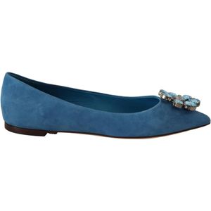 Dolce & Gabbana, Schoenen, Dames, Blauw, 36 EU, Suède, Blauwe Suède Kristallen Loafers Platte Schoenen