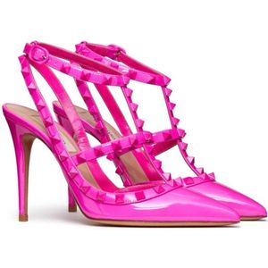 Valentino Garavani, Schoenen, Dames, Roze, 37 1/2 EU, Leer, Fuchsia Rockstud Enkelband Pumps