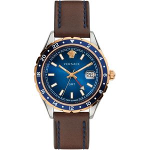 Versace, GMT Leren Horloge Blauwe Wijzerplaat Bruin, Heren, Maat:ONE Size