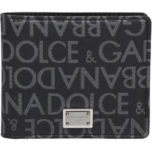 Dolce & Gabbana, Accessoires, Heren, Zwart, ONE Size, Katoen, Portemonnee van Logoed Jacquard Stof, Zwart/Grijs