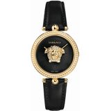 Versace, Palazzo Empire Zwart Leder Goud Diamanten Horloge Zwart, Dames, Maat:ONE Size