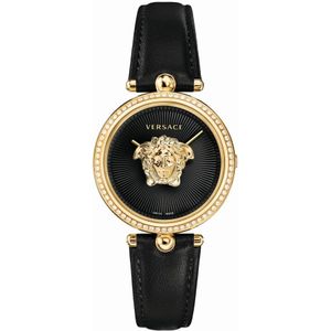 Versace, Palazzo Empire Zwart Leder Goud Diamanten Horloge Zwart, Dames, Maat:ONE Size