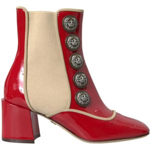 Dolce & Gabbana, Schoenen, Dames, Rood, 36 EU, Rode Beige Leren Versierde Mid Calf Laarzen