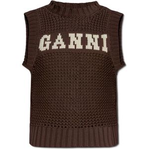 Ganni, Truien, Dames, Bruin, S, Katoen, Vest met logo