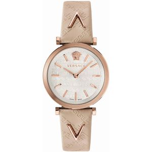 Versace, Twist Ivoor Leder Zilver Roségoud Horloge Veelkleurig, Dames, Maat:ONE Size