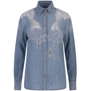 Ermanno Scervino, Blouses & Shirts, Dames, Blauw, XS, Denim, Blauwe Denim Kant-Uitgesneden Shirt