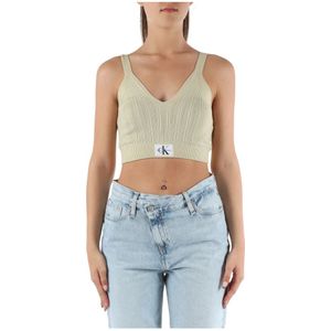 Calvin Klein Jeans, Tops, Dames, Groen, M, Geribbelde V-hals top in lyocell mix