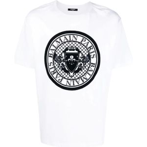 Balmain, Tops, Heren, Wit, M, Katoen, Zwart Logo Print T-shirt