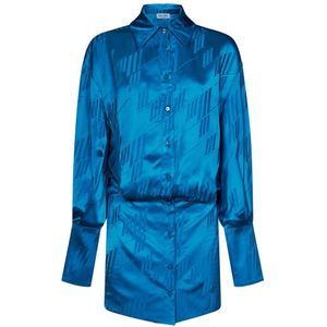 The Attico, Blouses & Shirts, Dames, Blauw, S, Blauwe Logo Jacquard Mini Overhemdjurk