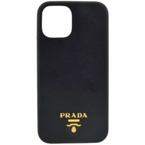 Prada, Zwarte leren i Phone 12/12 Pro hoes Zwart, Dames, Maat:ONE Size