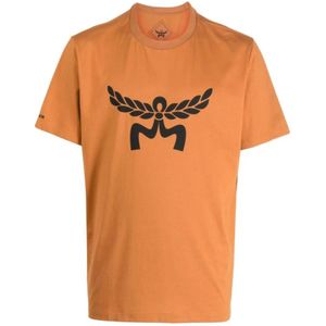 Mcm, Cognac Bruin Logo Print T-shirt Bruin, Heren, Maat:XL