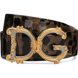 Dolce & Gabbana, Accessoires, Dames, Bruin, 70 CM, Leer, Luipaardprint Logo Plaque Riem