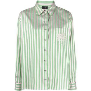 Etro, Blouses & Shirts, Dames, Groen, S, Satijn, Gestreepte satijnen shirt met Pegaso motief