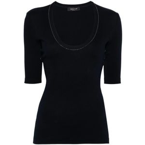 Fabiana Filippi, Tops, Dames, Blauw, XS, Katoen, Blauwe Geribbelde Gebreide Kralen T-shirt