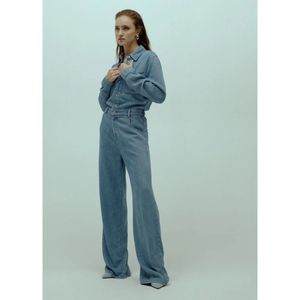 Homage, Jumpsuits & Playsuits, Dames, Blauw, L, Denim, Flowy denim jumpsuit met parelmoer knopen