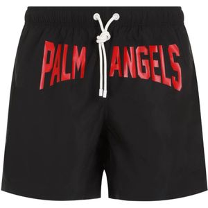 Palm Angels, Badkleding, Heren, Zwart, M, Polyester, Zwarte Zwembroek Elastische Taille Rood Logo