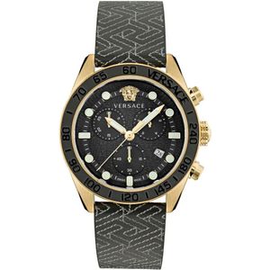 Versace, Greca Dome Chrono Leren Band Horloge Zwart, Heren, Maat:ONE Size