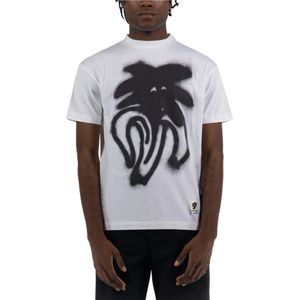 Palm Angels, Tops, Heren, Wit, L, Katoen, Grafisch Bedrukt T-Shirt met Korte Mouwen