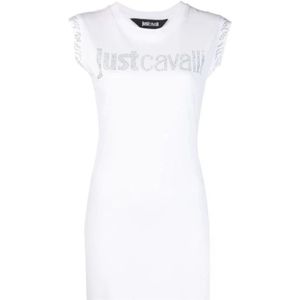 Just Cavalli, Kleedjes, Dames, Wit, M, Katoen, Witte Katoenen Jersey Jurk met Str Logo