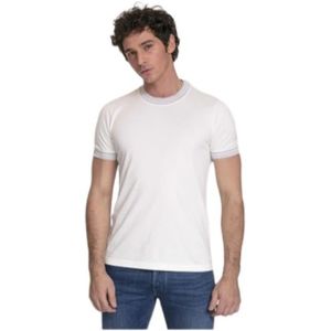 Brunello Cucinelli, Tops, Heren, Wit, S, Katoen, Wit T-shirt met Kleurrijke Gestreepte Halslijn en Mouwboorden
