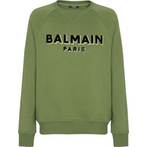 Balmain, Sweatshirts & Hoodies, Heren, Groen, XL, Katoen, Paris flocked sweatshirt