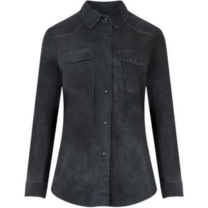 Salvatore Santoro, Blouses & Shirts, Dames, Grijs, S, Suède, Grijze Suède Overhemd met Veterdetail