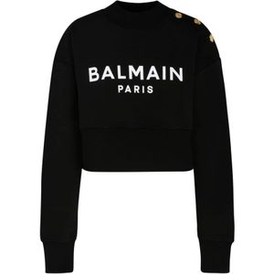 Balmain, Sweatshirts & Hoodies, Dames, Zwart, L, Katoen, Zwarte Katoenen Logo Print Cropped Sweatshirt