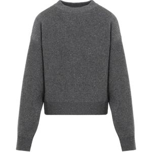 Brunello Cucinelli, Truien, Dames, Grijs, M, Kasjmier, Kasjmier Paillet Ronde Hals Sweater