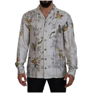 Dolce & Gabbana, Overhemden, Heren, Wit, S, Satijn, Prachtige Zijden Shirt met Vogelprint