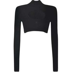 Courrèges, Tops, Dames, Zwart, M, Polyester, Zwart Geribbelde Gebreide Sweatshirt met Geborduurd Logo