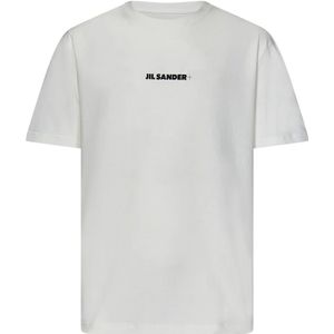 Jil Sander, Tops, Heren, Wit, M, Katoen, Witte Rib T-shirts en Polos met Zwarte Logo Print