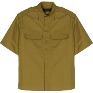 Neil Barrett, Overhemden, Heren, Groen, L, Katoen, Khaki Poplin Textuur Klassieke Kraag Shirt