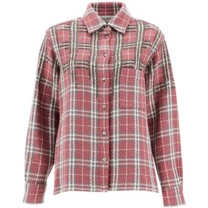 Golden Goose, Jassen, Dames, Roze, L, Tweed, Geruite Tweed Overshirt met Applicatie