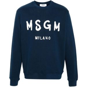 Msgm, Sweatshirts & Hoodies, Heren, Blauw, S, Katoen, Blauwe Katoenen Trui met Logo Print