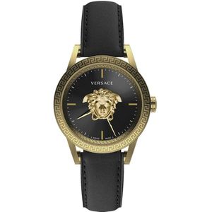Versace, Accessoires, Heren, Geel, ONE Size, Zwart Leren Quartz Horloge