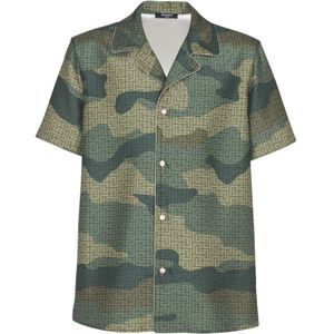 Balmain, Overhemden, Heren, Groen, XS, Polyester, Camouflage monogram Shantung shirt met korte mouwen