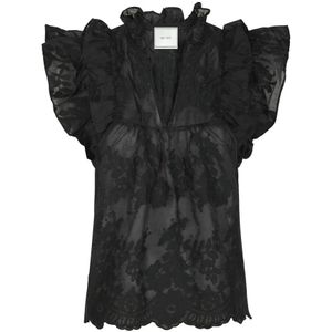 Neo Noir, Blouses & Shirts, Dames, Zwart, XL, Elegante Geborduurde Blouse Zwart