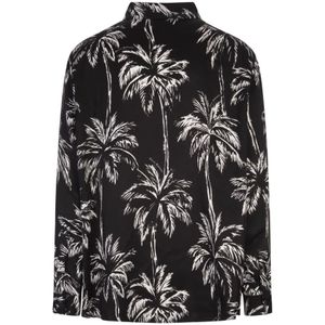 Balmain, Overhemden, Heren, Zwart, XL, Satijn, Zwart Palmboomprint Overhemd