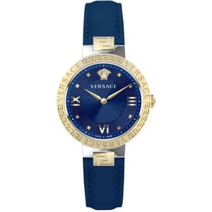 Versace, Greca Lady Leren Horloge Blauw Blauw, Dames, Maat:ONE Size