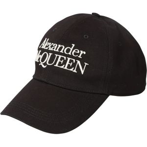 Alexander McQueen, Accessoires, Heren, Zwart, S, Katoen, Zwarte Geborduurde Logo Gebogen Peak Hoed